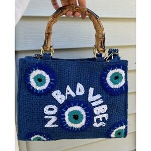 America & Beyond Small Tote Bag Blue Mystic Gaze No Bad Vibes Bamboo Handles